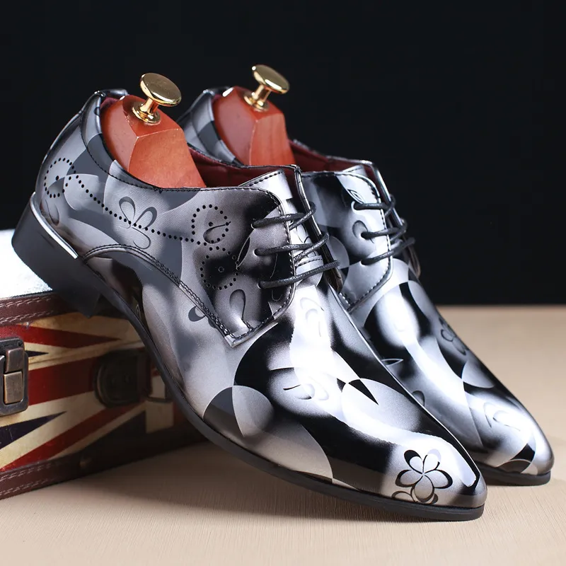 Men's Business Floral Pattern Strappy Leather Pointed Toe Dress Shoes