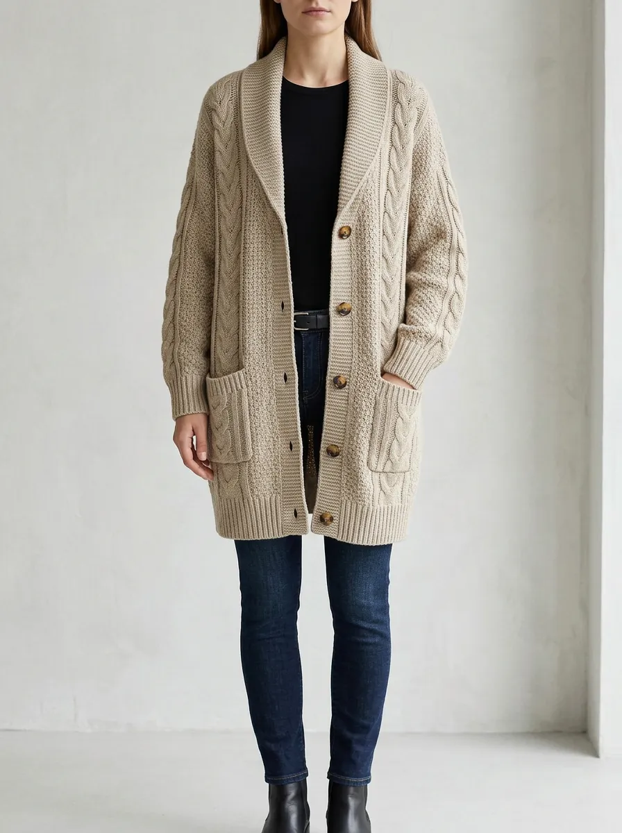 Women's Relaxed Cable Knit Button Detail Knit Cardigan