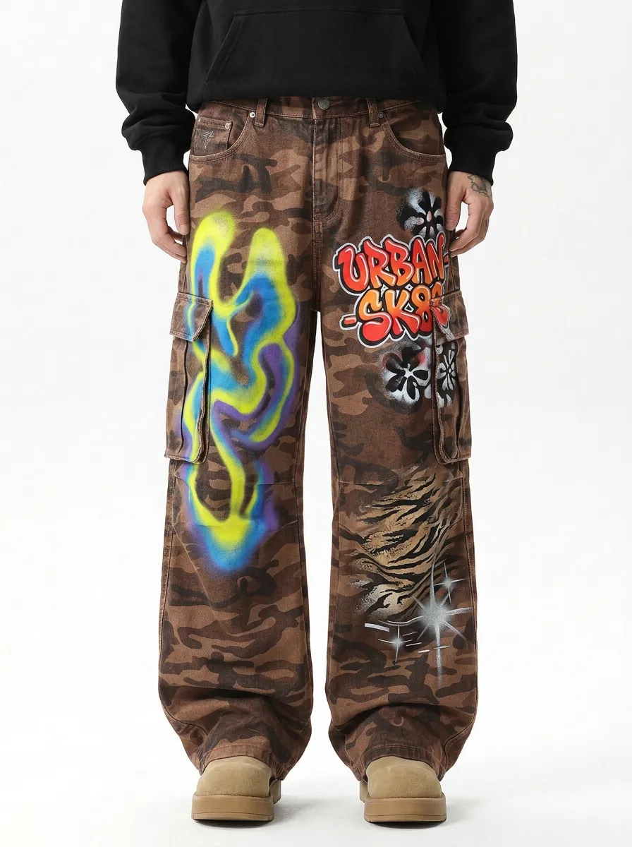 Men's Streetwear Urban Sk8 Graffiti Camo Graphic Cargo Jeans