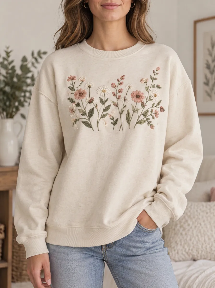 Women's Refined Embroidered Wildflower Crewneck Sweatshirt