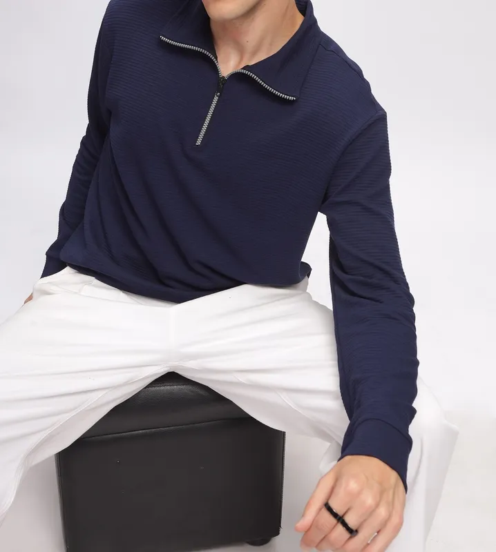 Navy Blue Ribbed Quarter-Zip Henley Shirt