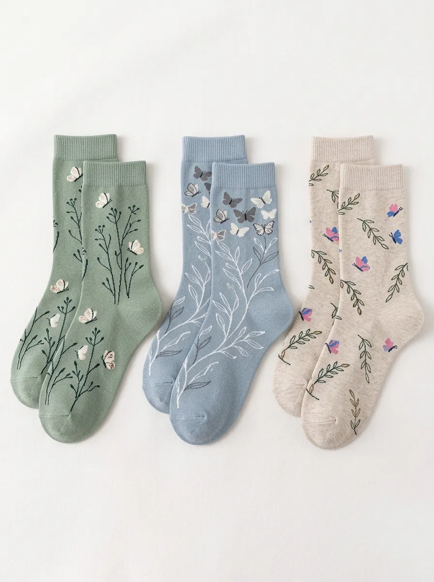 Women's Three-Pair Butterfly Botanical Crew Sock Set