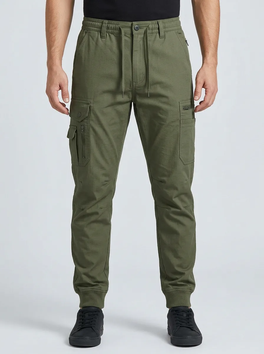 Men's Articulated-Knee Ribbed-Cuff Tactical Cargo Joggers
