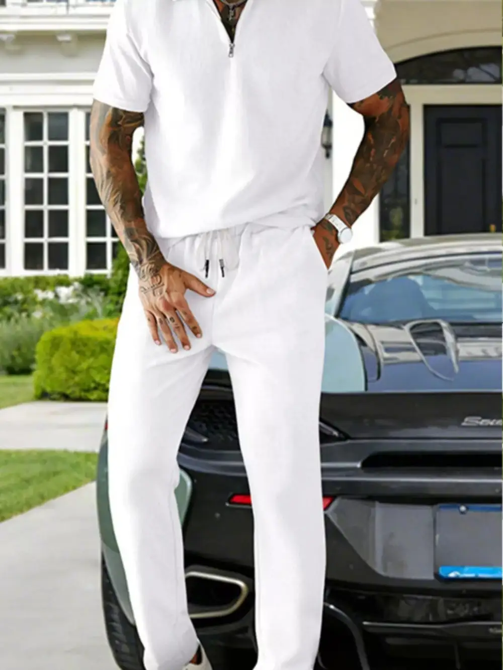 Men's Full Size Casual Zipper Polo Shirt and Pant Set
