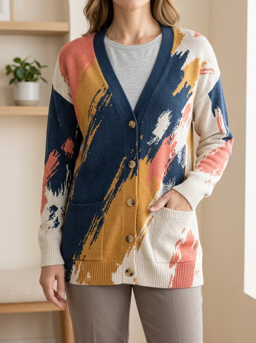 Women's Abstract Brushstroke Pattern Printed Button Front Modern Everyday Cardigan