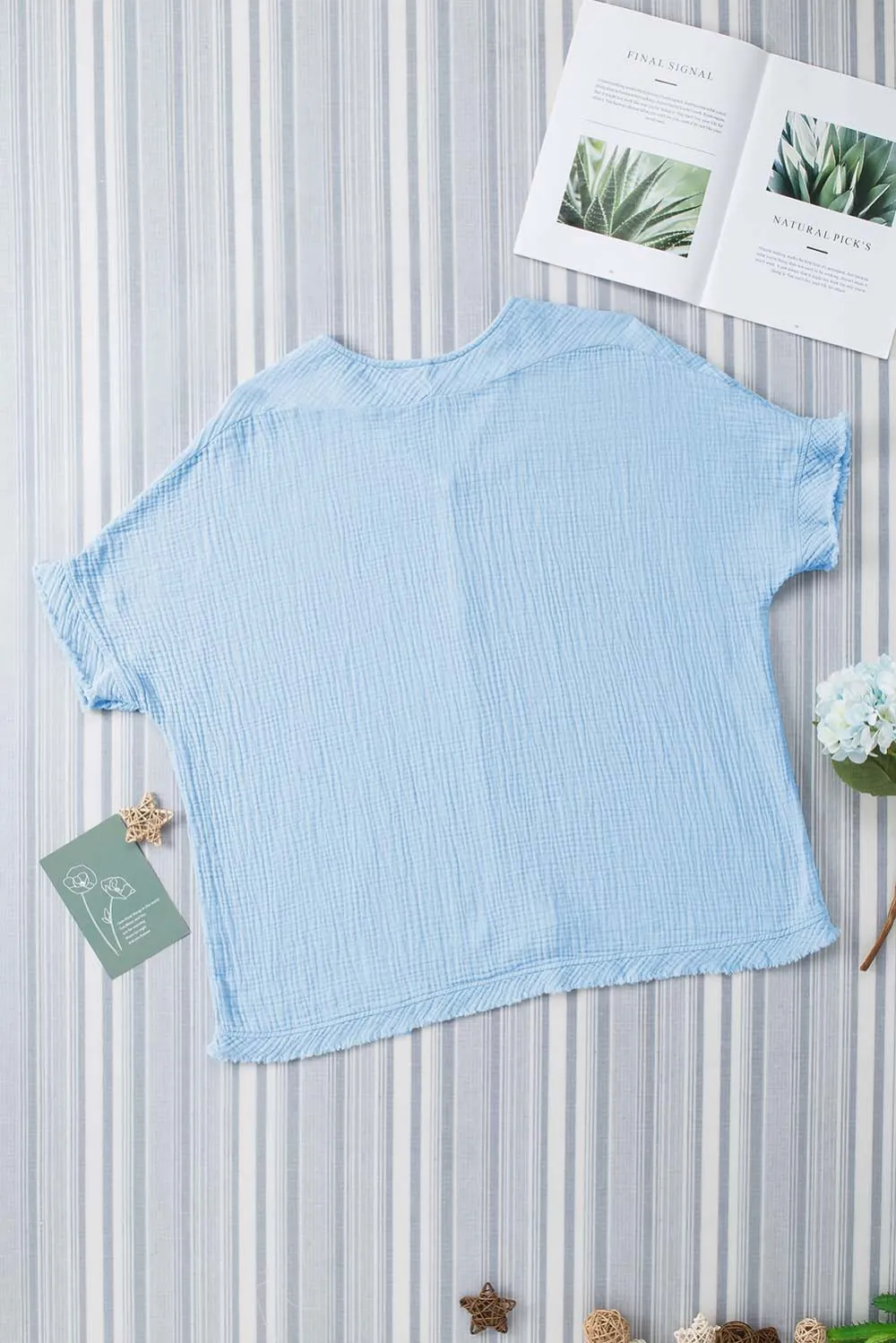 Sky Blue Frayed Batwing Sleeve Blouse