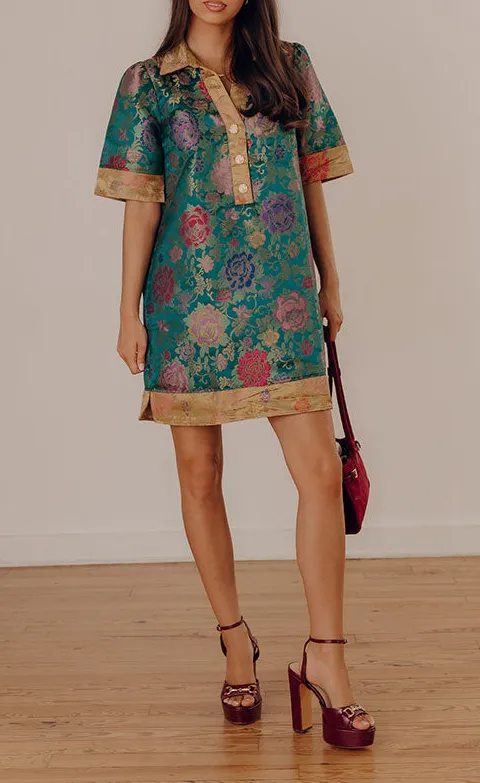 Button-Front Floral V-Neck Short Sleeve Relaxed Mini Dress