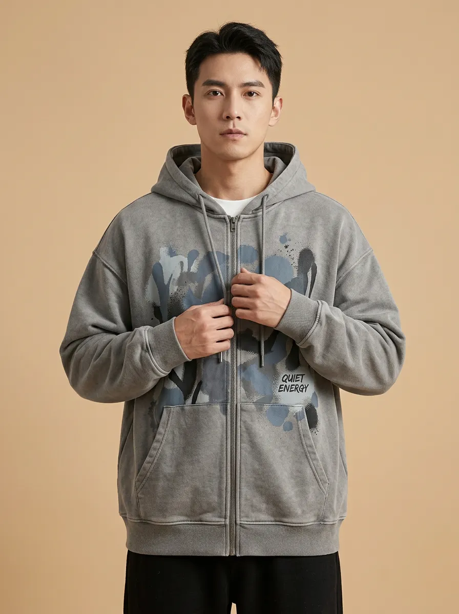 Men's Streetwear Graffiti Printed Zip-Up Hoodie