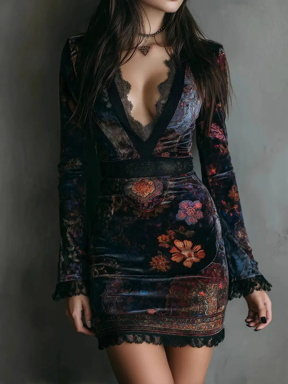 Floral Lace Velvet Mini Dress