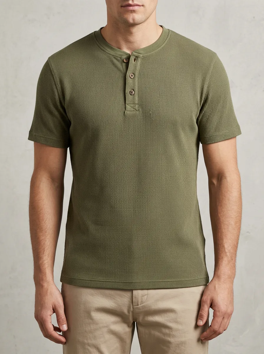 Relaxed Waffle-Knit Button-Placket Men's Short-Sleeve Henley Shirt