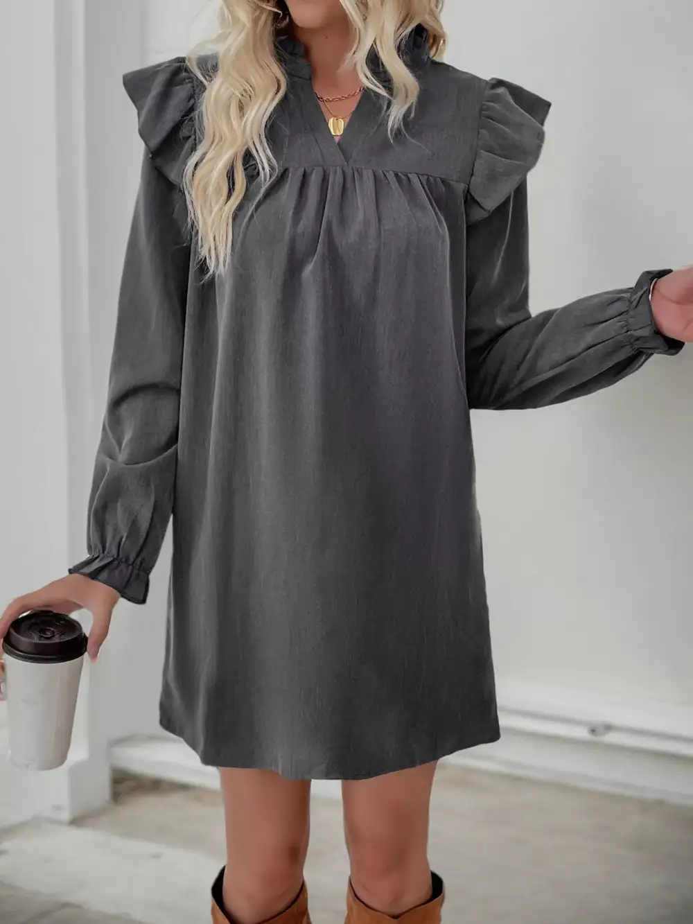 Smooth Finish Ruffle Long Sleeve Dress