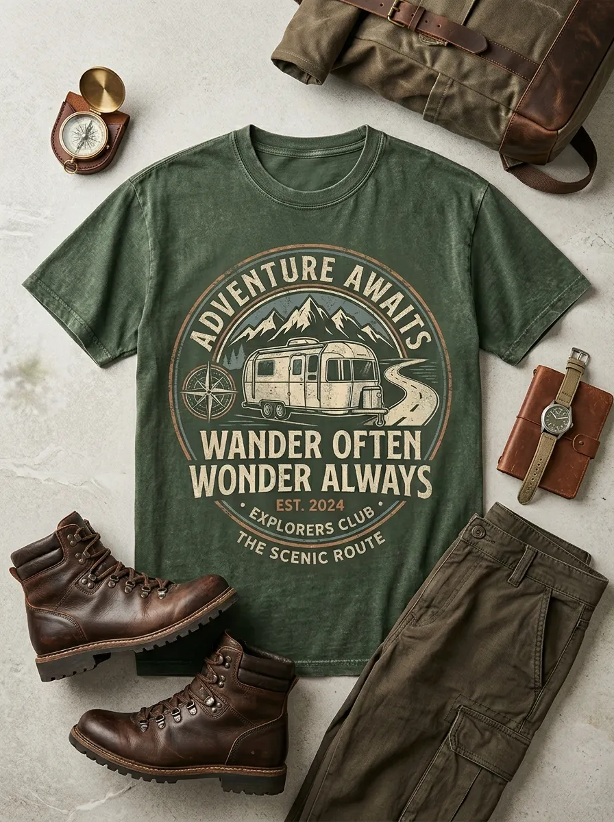 Unisex Camping Lover Adventure Awaits Camper Van Printed T-shirt