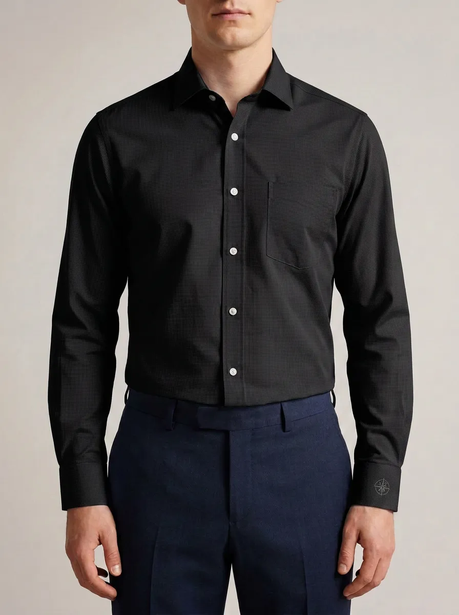 Men's Non-Iron Cotton Micro-Check Compass Embroidered Shirt