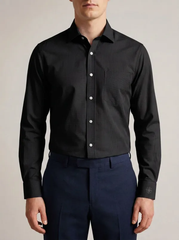 Men's Non-Iron Cotton Micro-Check Compass Embroidered Shirt