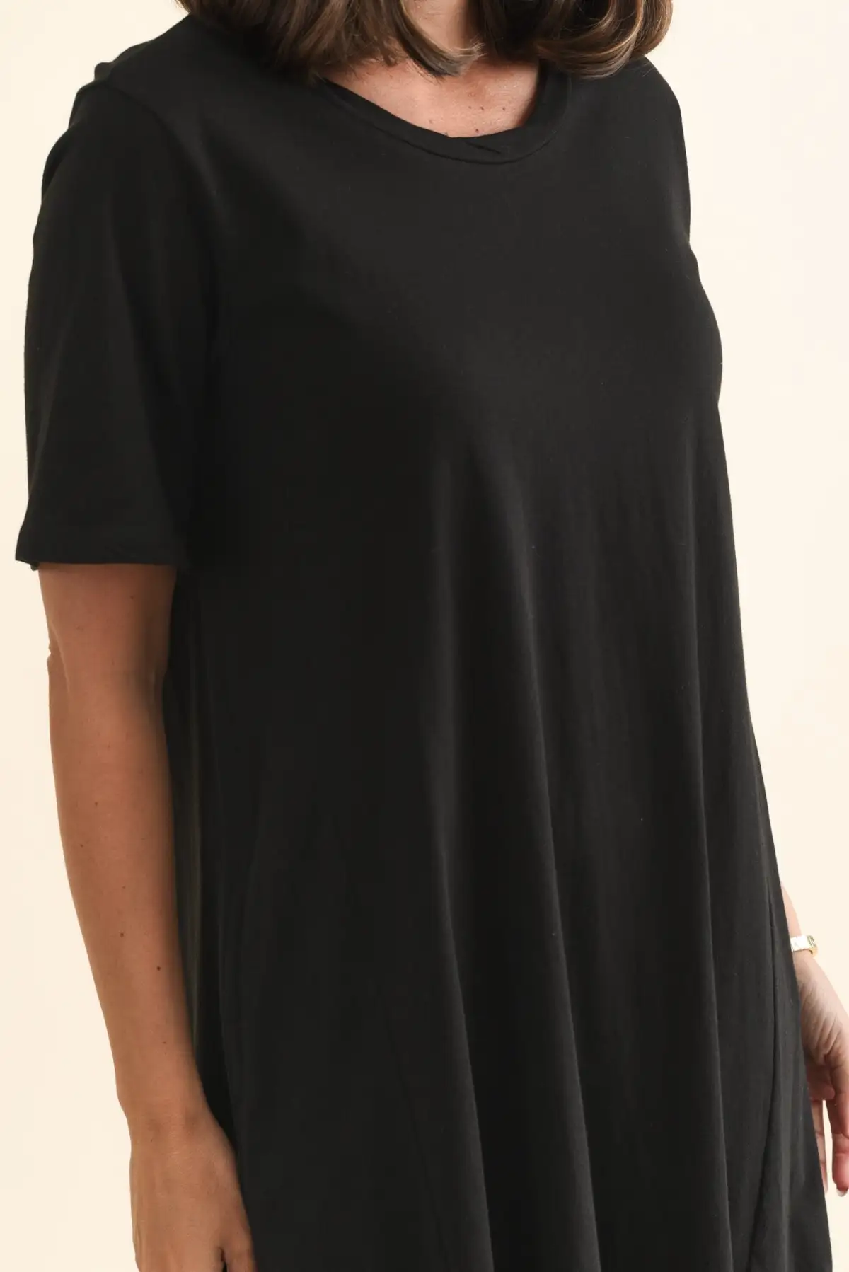 Cotton Pocket Round-Neck Short-Sleeve Draped High-Low-Hem Above-Knee T-Shirt Dress