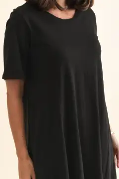 Cotton Pocket Round-Neck Short-Sleeve Draped High-Low-Hem Above-Knee T-Shirt Dress