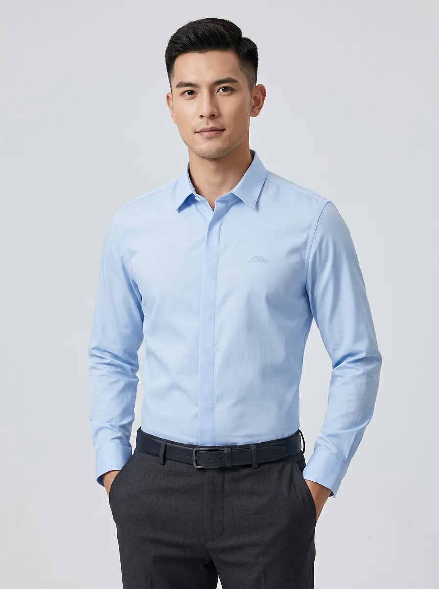 Men's Non-Iron Cotton Light Blue Minimalist Logo Printed Shirt