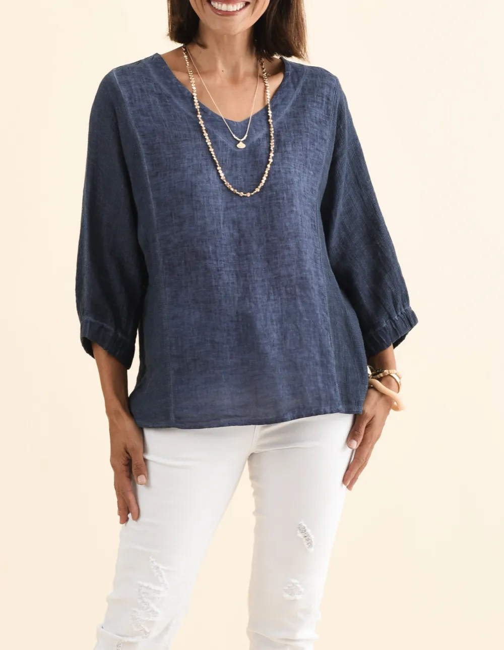 Linen Cotton Blend V-Neck Relaxed Fit Top
