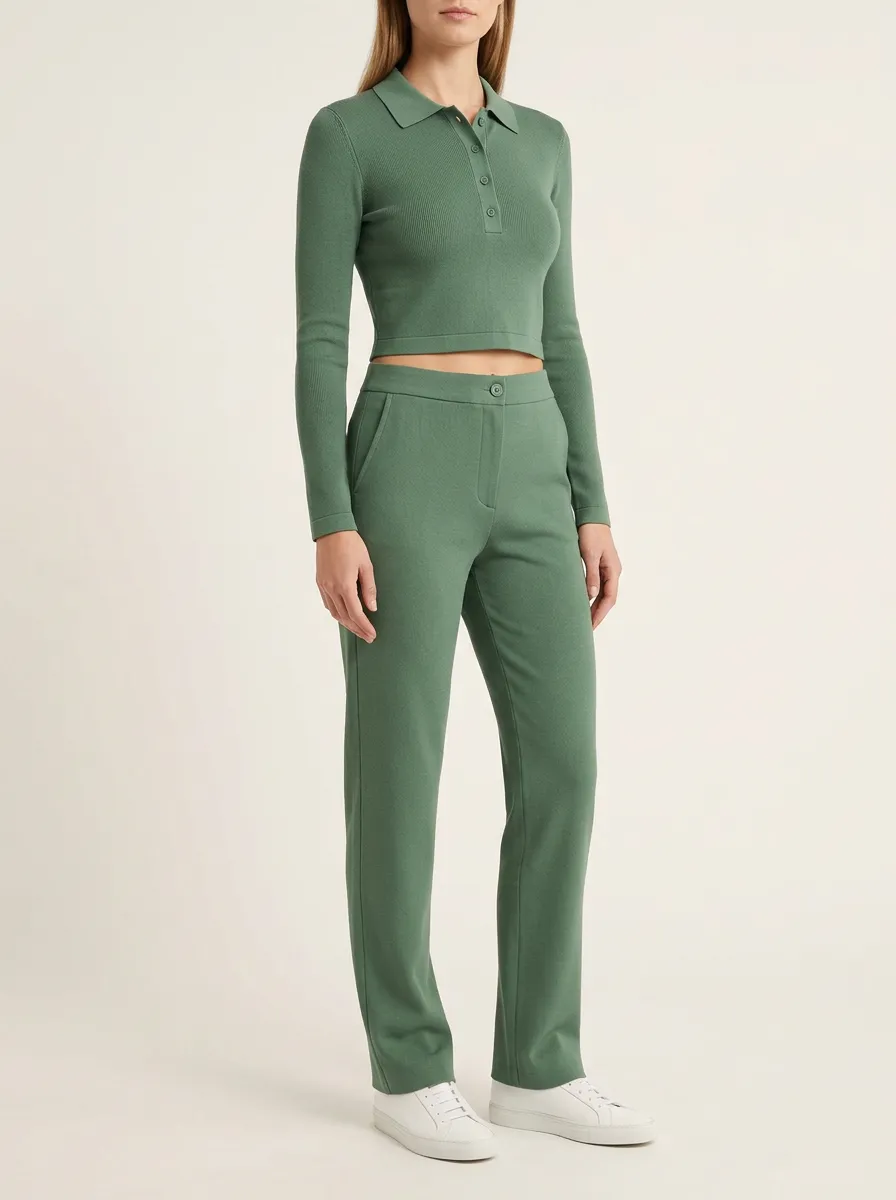 Women's Ribbed Polo Crop Top and Button-Fly Straight-Leg Trouser Set