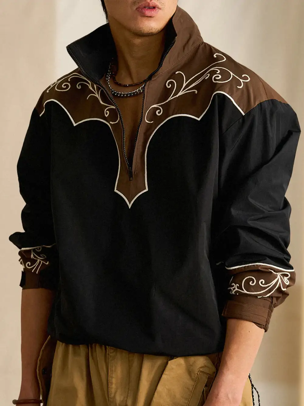 Chain Embroidery Half-Zip Pullover Sweatshirt