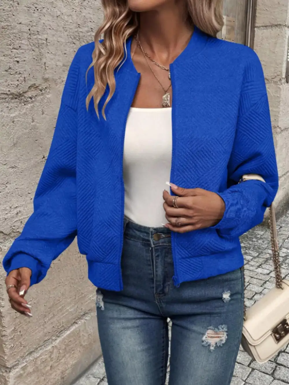 Textured Knit Zip-up Bomber Jacket