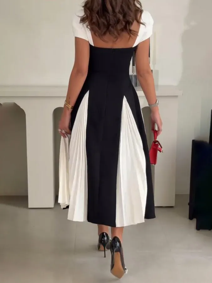 Elegant Contrast Pleated Panel Midi Dress