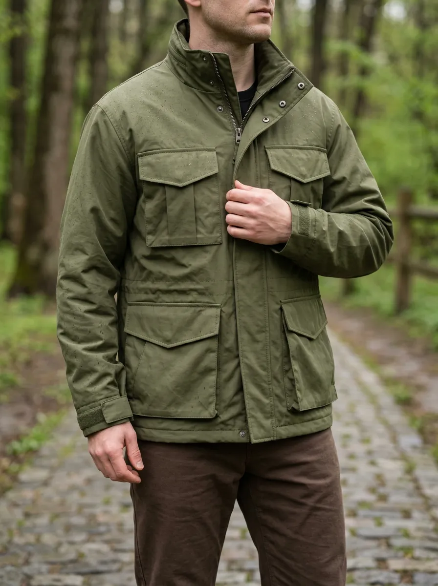 Men's Olive Green Waterproof Field Jacket with Flap Pockets