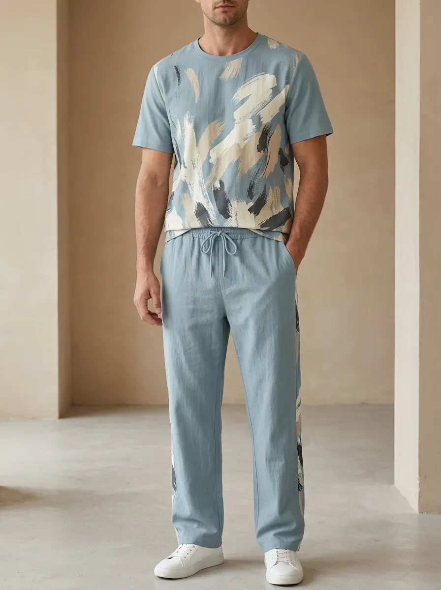 Men's Abstract Brushstroke Printed Casual Lounge Set Everyday Design
