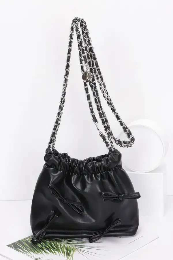 Faux Leather Multi Ribbon Bucket Chaincrossbodybag Crossbody Bag