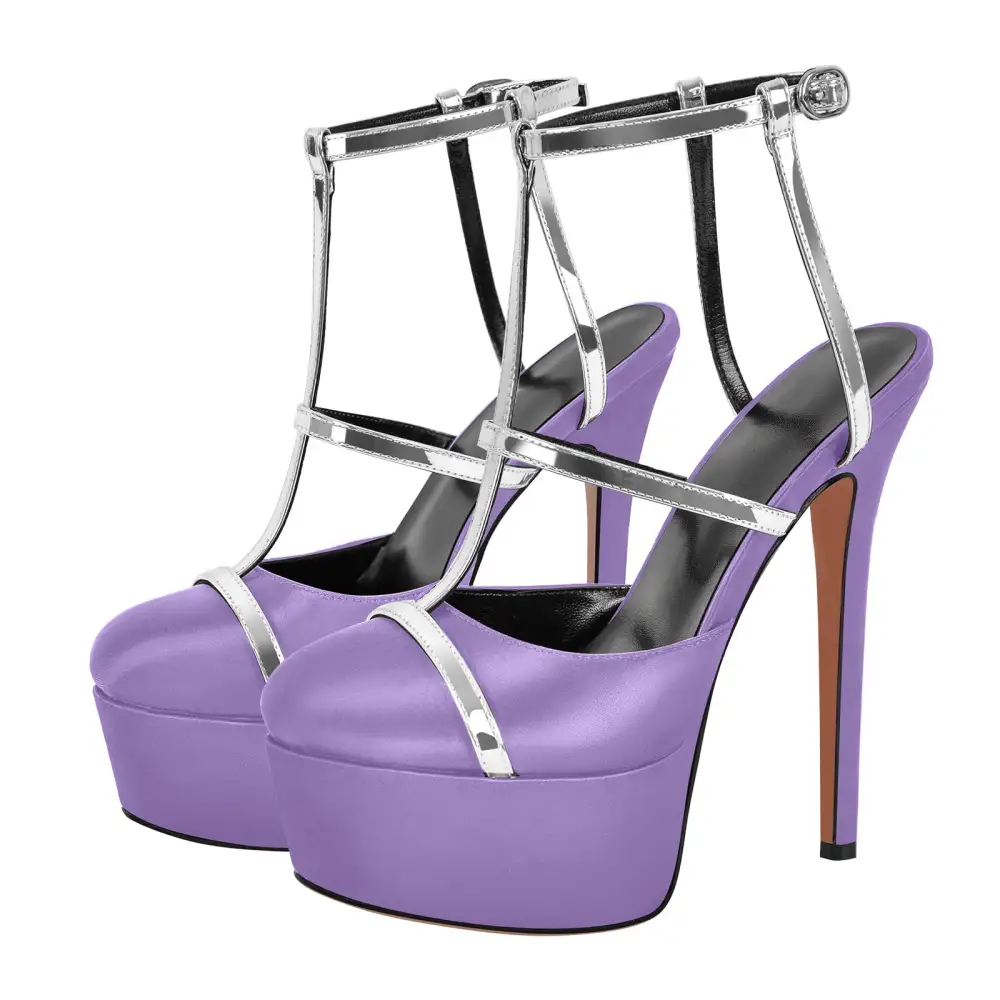 Modern Round Toe Platform Stiletto Ankle Strap Pumps