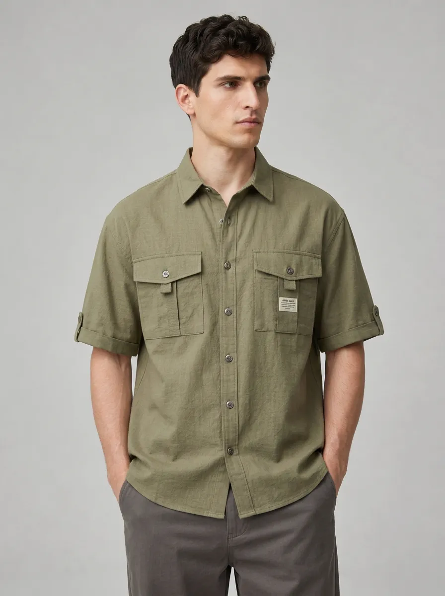Men's Casual Outdoor Olive Green Cargo Pocket Short Sleeve Shirt