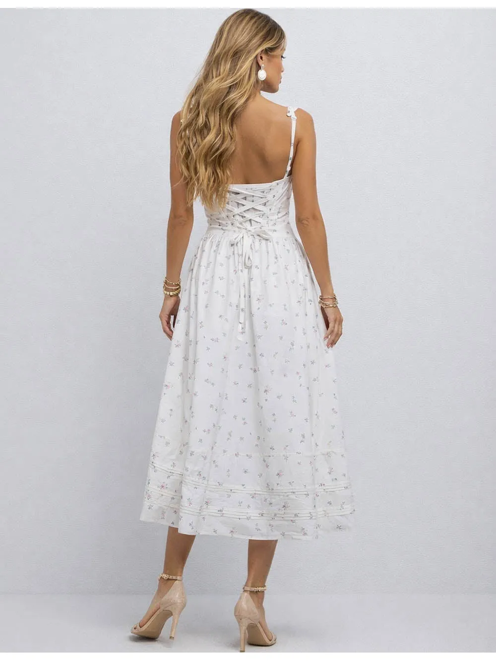 Square Neck Sleeveless Lace Trim Midi Dress