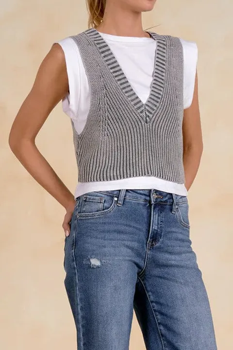 Grey Knit V-Neck Layered Tank Top
