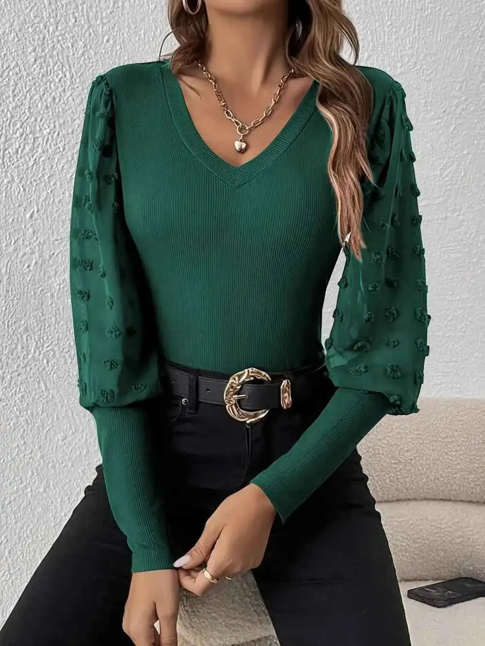 Dot Texture V-Neck Long Sleeve Top