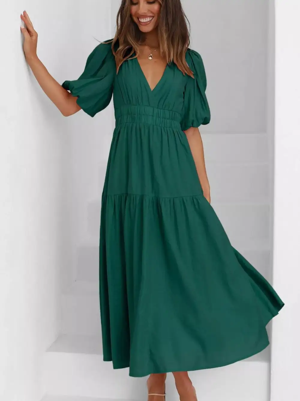 Everyday V-neck Puff Sleeve Midi Dress