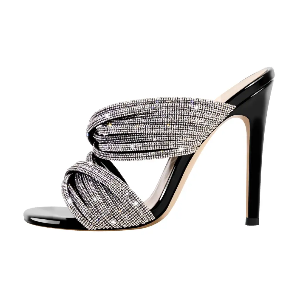 Rhinestone Round Toe Stiletto Mule Sandals