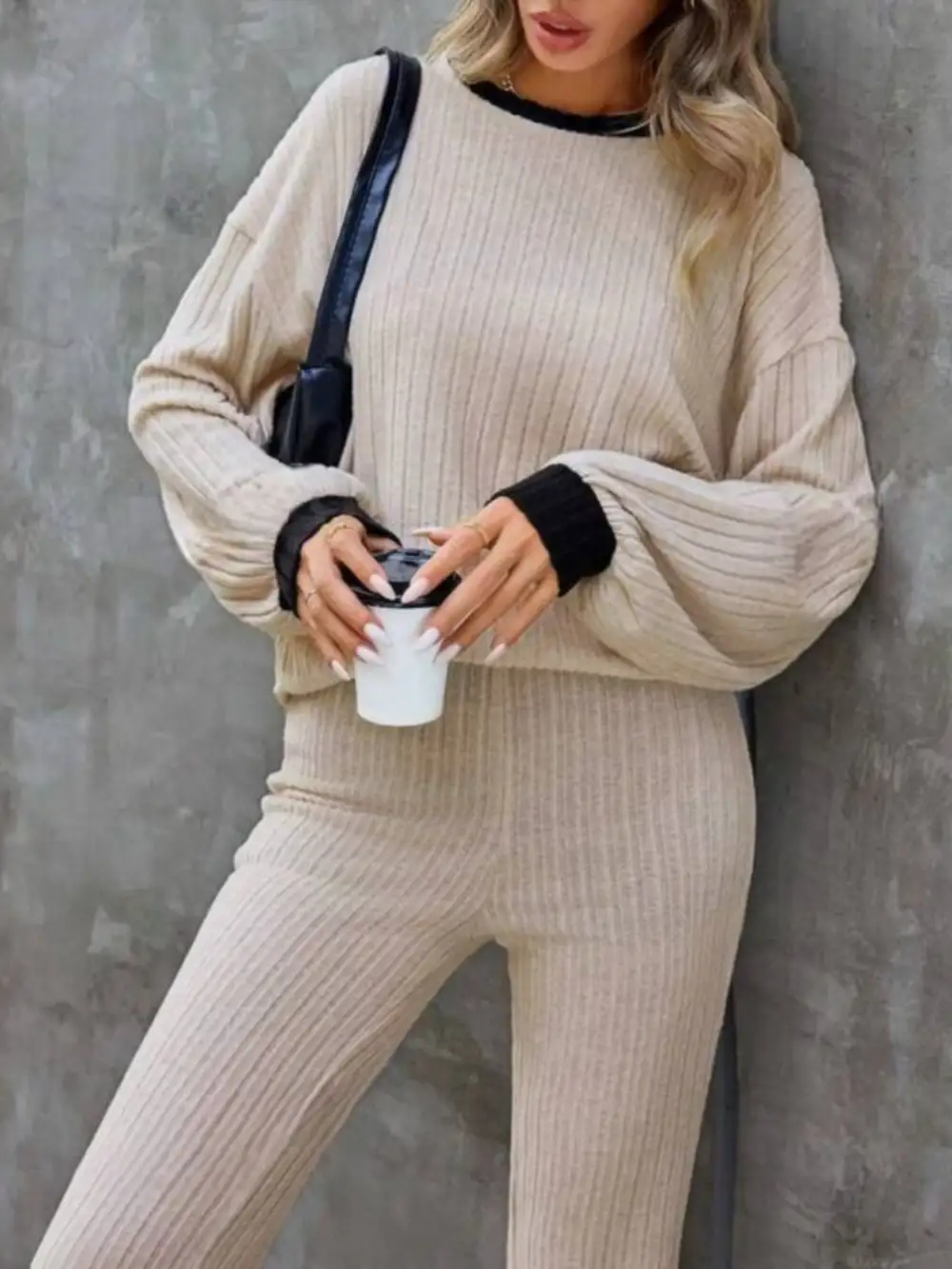 Contrast Round Neck Long Sleeve Top And Bootcut Pants Set
