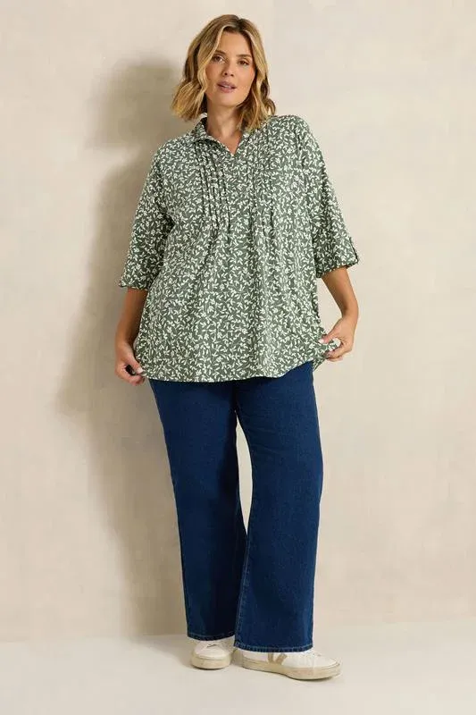 Khaki Green Floral Print Cotton Henley Top