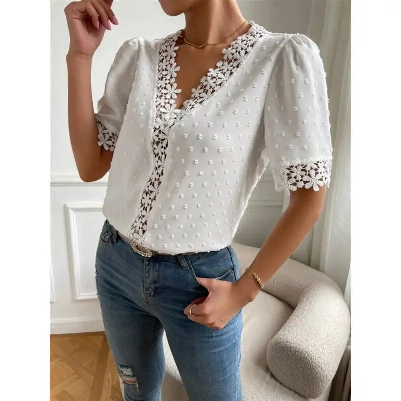 Lace Trim V-Neck Short Sleeve Blouse