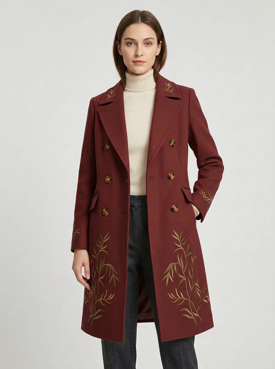 Women's Botanical Willow Leaf Embroidered Wool Coat