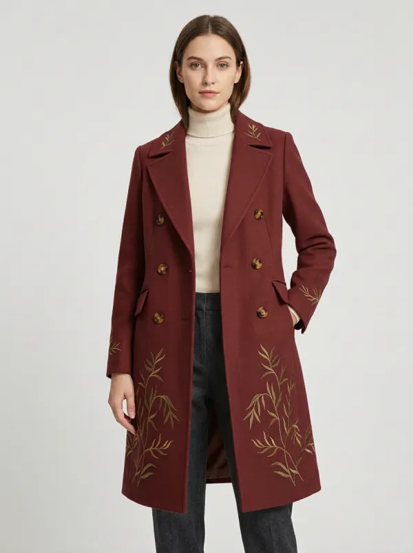 Women's Botanical Willow Leaf Embroidered Wool Coat
