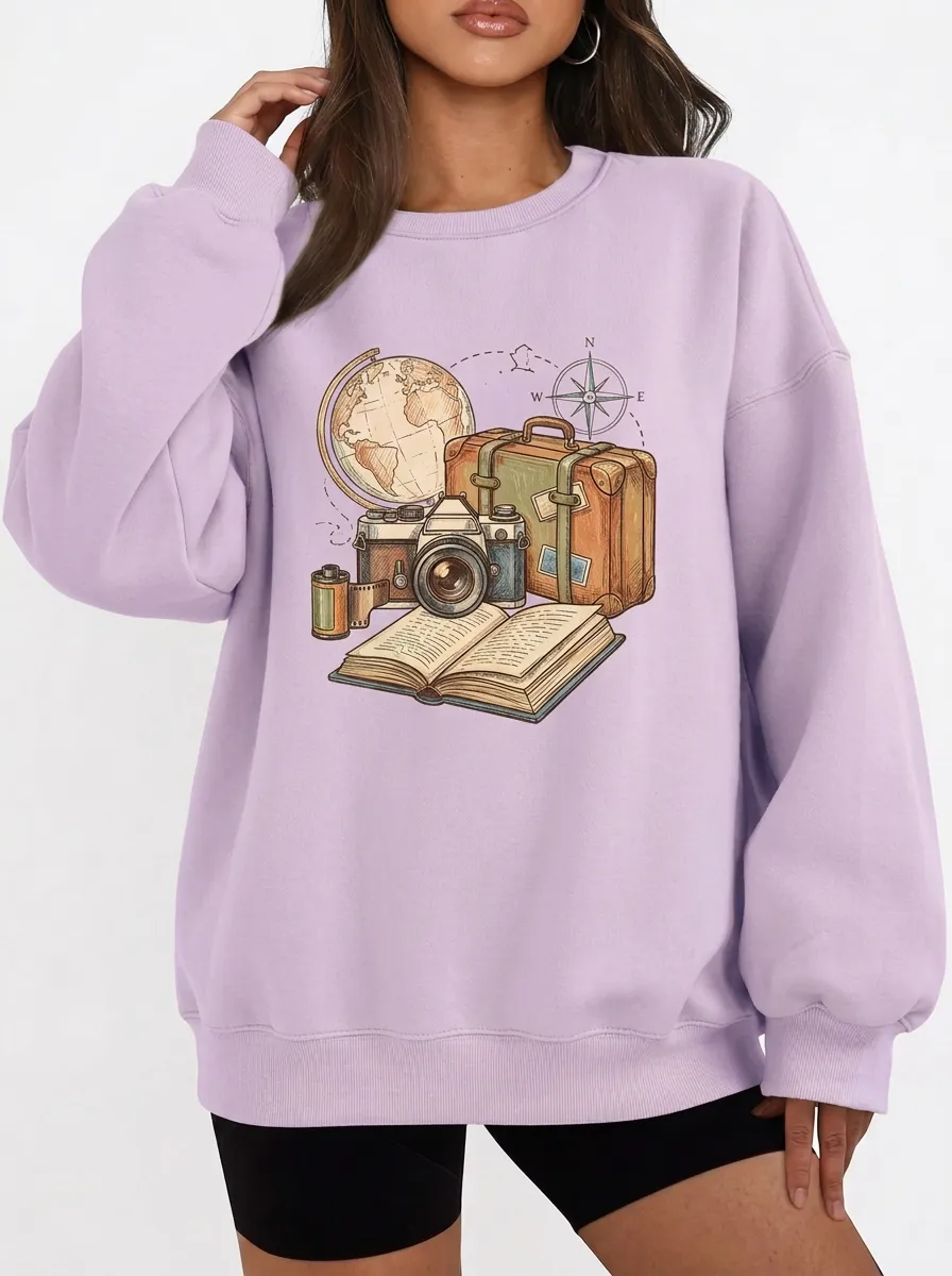 Women's Travel Globe Camera Suitcase Graphic Sweatshirt