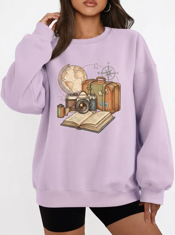 Women's Travel Globe Camera Suitcase Graphic Sweatshirt