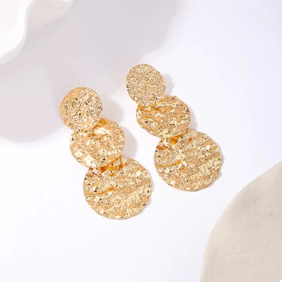 K Gold Plated Round Layered Textured Earrings