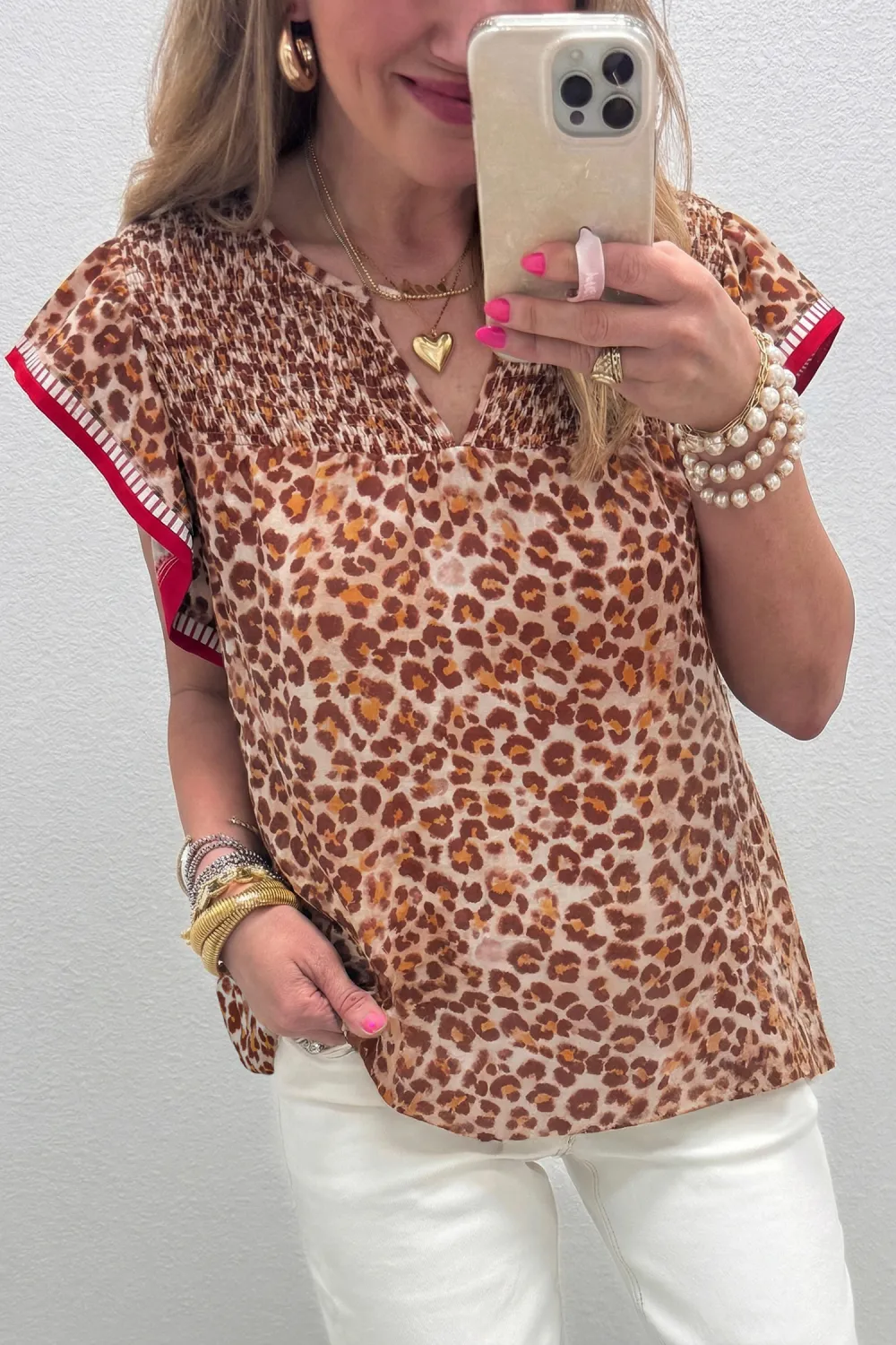 Apricot Contrast Trim Ruffled Short Sleeve Blouse