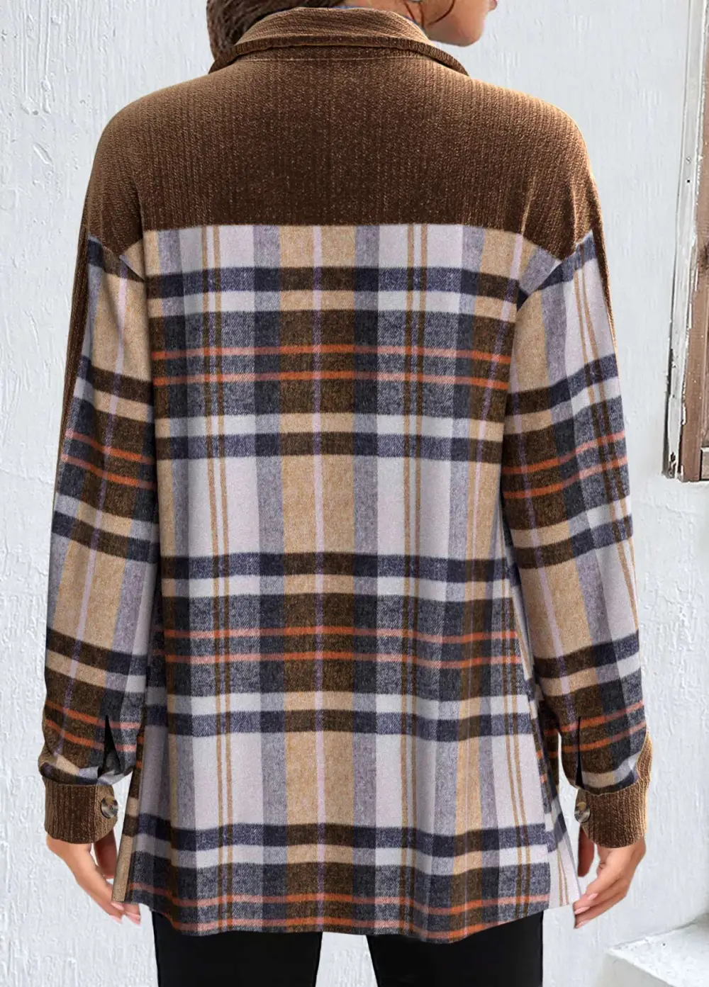 Light Coffee Patchwork Plaid Long Sleeve Coat