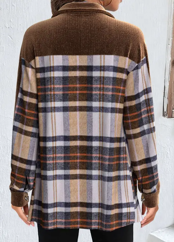 Light Coffee Patchwork Plaid Long Sleeve Coat