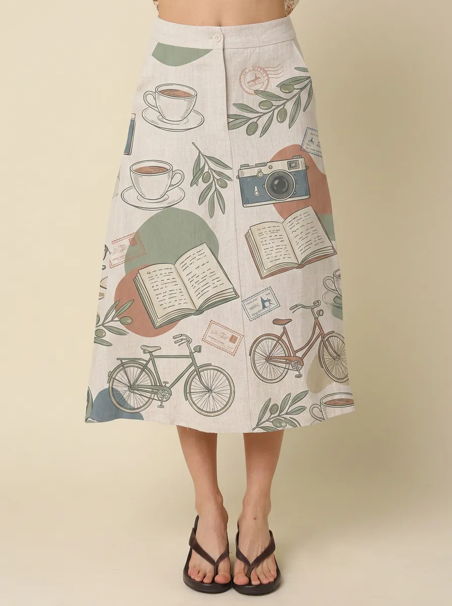 Women's Travel Hobby Coffee Book Bicycle Printed A-line Skirt