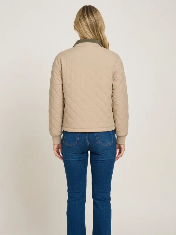 Women's Beige Diamond-Quilted Olive-Trim Rib-Cuff Jacket