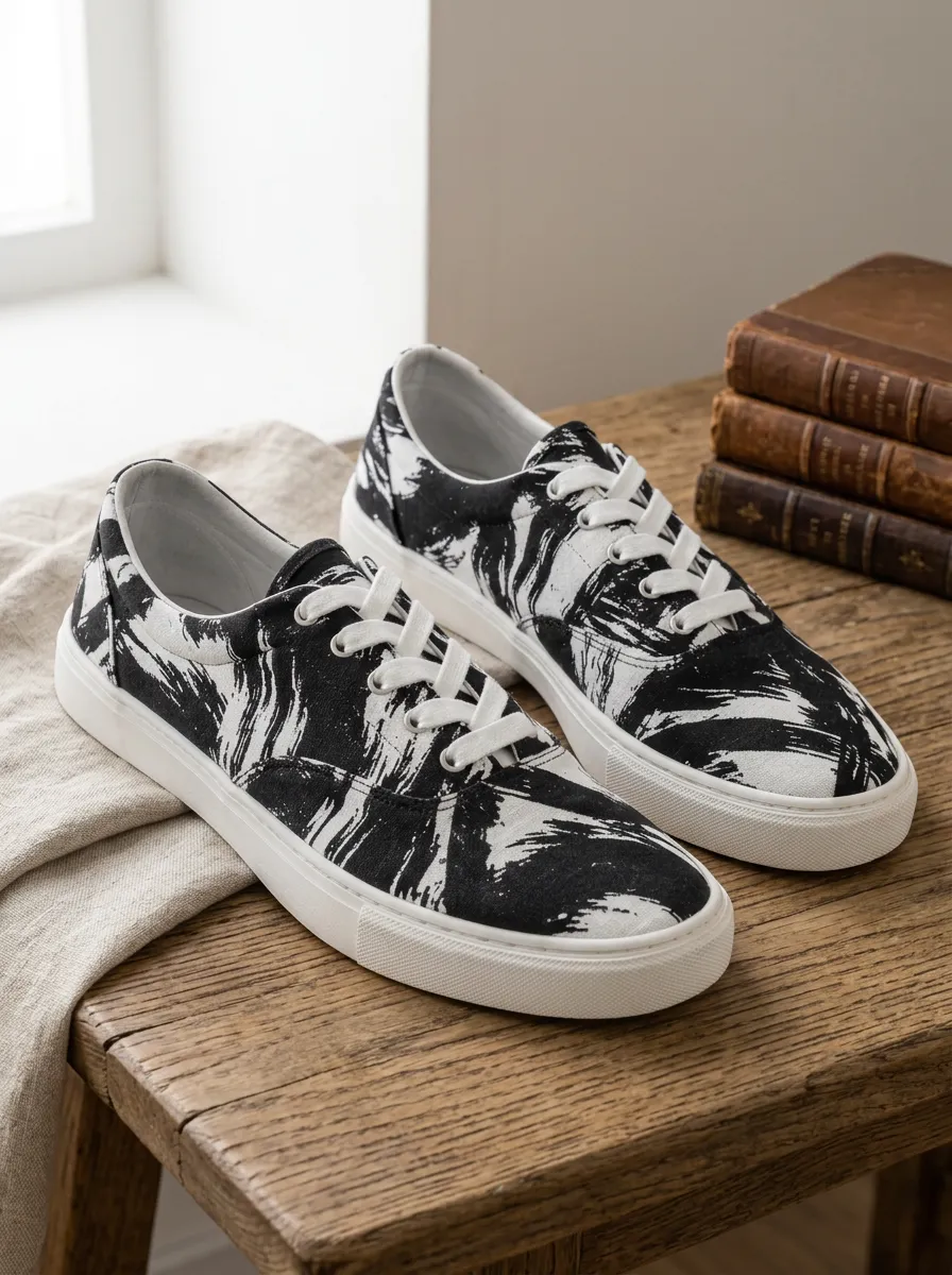 Men's Refined Abstract Brushstroke and Patterned Canvas Shoes